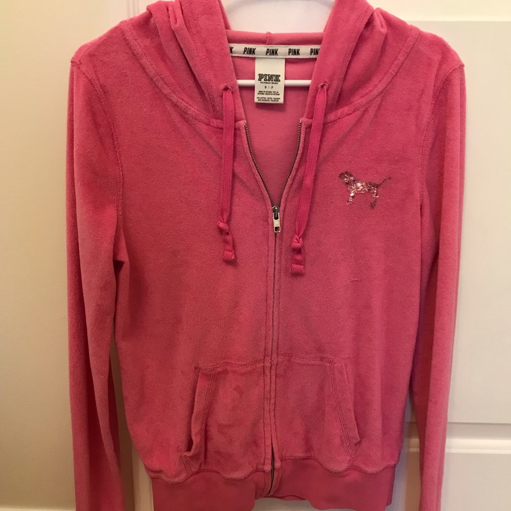Pink Victoria’s secret full zip hoodie. Gently worn.
